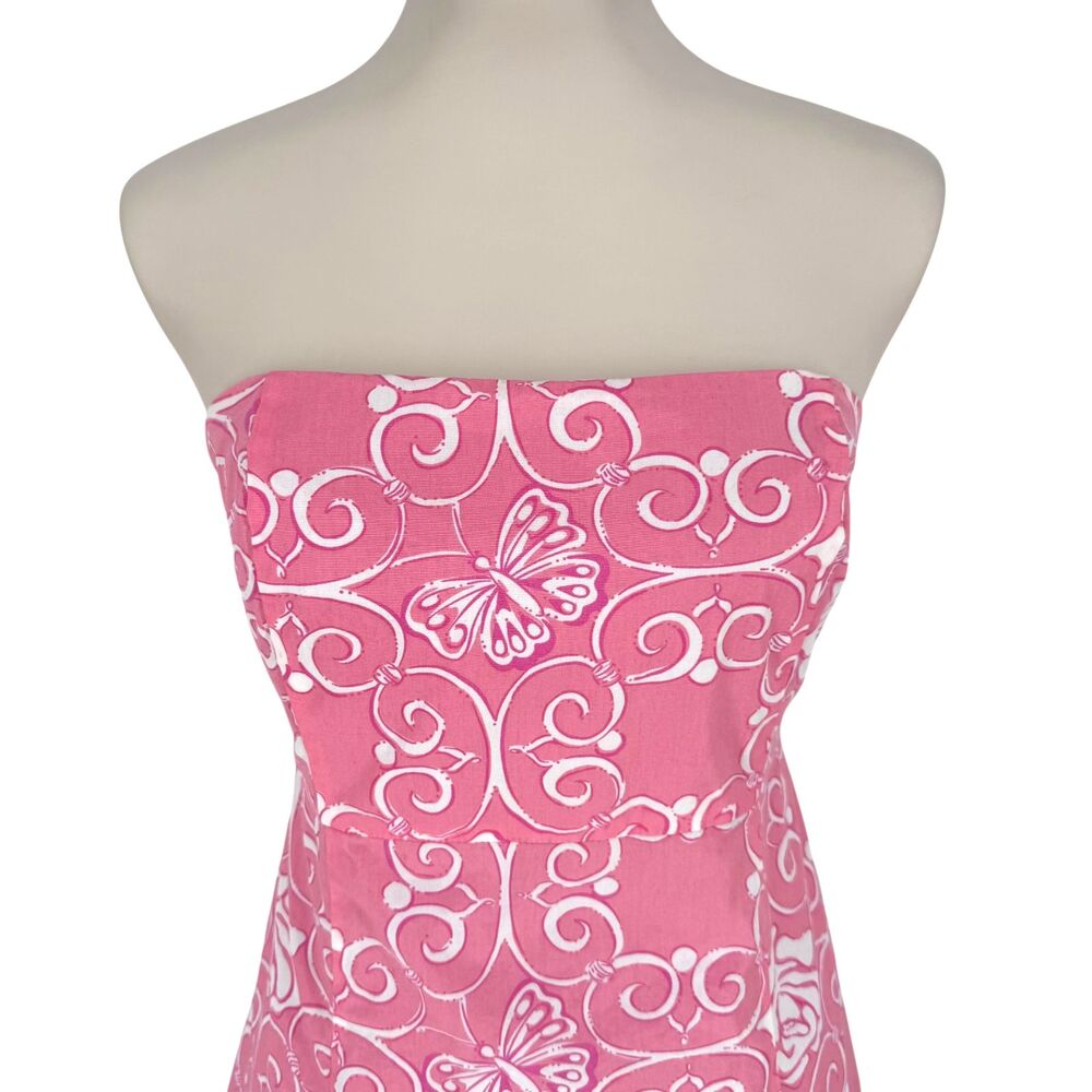 Vintage Lilly Pulitzer Strapless Dress 10 Iron Maiden Pink Floral Butterfly 90s - Picture 3 of 11